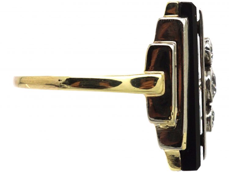 Art Deco 14ct White & Yellow Gold Onyx & Three Stone Diamond Rectangular Shaped Ring