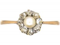 Edwardian 9ct Gold, Rose Diamond & Natural Pearl Cluster Ring
