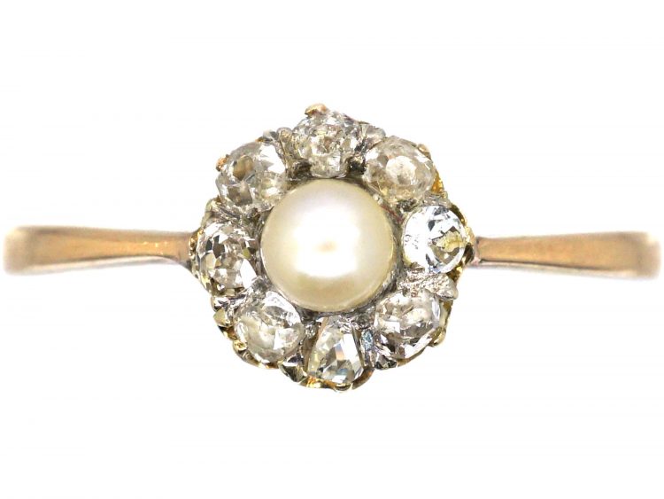 Edwardian 9ct Gold, Rose Diamond & Natural Pearl Cluster Ring