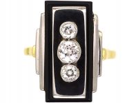 Art Deco 14ct White & Yellow Gold Onyx & Three Stone Diamond Rectangular Shaped Ring