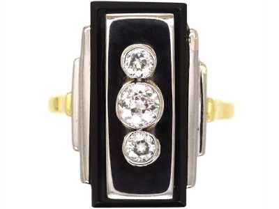 Art Deco 14ct White & Yellow Gold Onyx & Three Stone Diamond Rectangular Shaped Ring