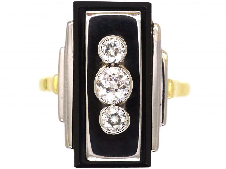 Art Deco 14ct White & Yellow Gold Onyx & Three Stone Diamond Rectangular Shaped Ring