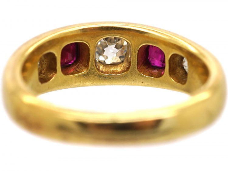 Victorian 18ct Gold, Five Stone Ruby & Diamond Rub Over Set Ring