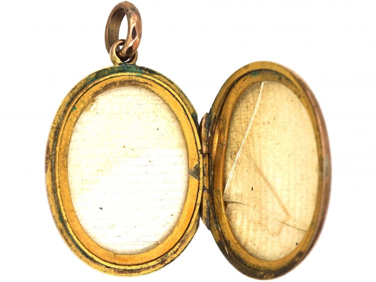 Edwardian 9ct Gold Back & Front Oval Locket with Green Paste & Natural Split Pearl Motif