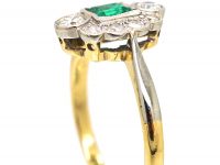 Art Deco 18ct Gold & Platinum, Diamond & Emerald Cluster Ring
