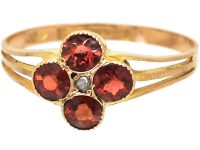 Edwardian 9ct Gold Flower Ring set with Four Garnets & a Natural Pearl