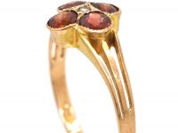 Edwardian 9ct Gold Flower Ring set with Four Garnets & a Natural Pearl