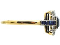 Art Deco 18ct Gold, Sapphire & Diamond Square Ring with Sapphire Shoulders