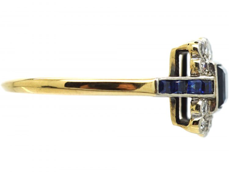 Art Deco 18ct Gold, Sapphire & Diamond Square Ring with Sapphire Shoulders