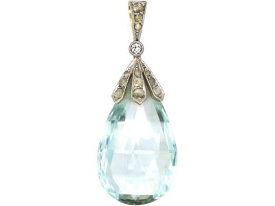 Art Deco 18ct Gold & Platinum, Aquamarine & Rose Diamond Pendant