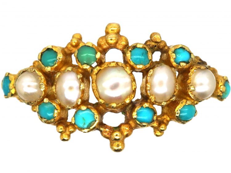 Regency 18ct Gold, Turquoise & Natural Split Pearl Ring