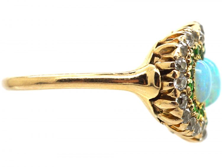 Early 20th Century 14ct Gold, Three Stone Opal Surrounded by Green Garnets & Diamonds Ring