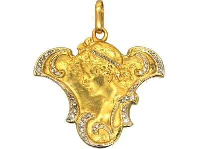 Art Nouveau 18ct Gold & Rose Diamond pendant of a Lady with Locket on Reverse