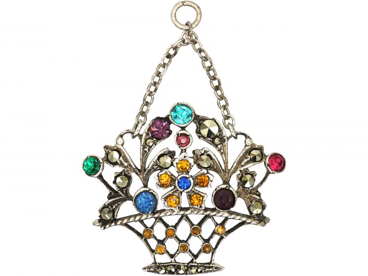 Edwardian Silver, Marcasite & Coloured Paste Giardinetti Pendant