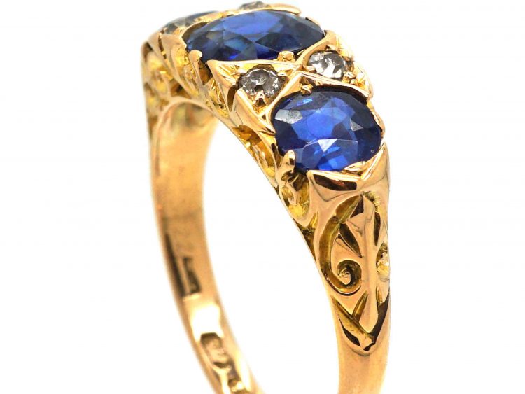 Edwardian 18ct Gold, Three Stone Sapphire & Diamond Carved Half Hoop Ring