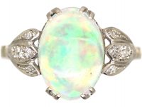 Art Deco 18ct White Gold & Platinum, Water Opal Ring with Diamond set Leaf Shoulders