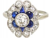 Art Deco Platinum, Sapphire & Diamond Geometric Flower Ring