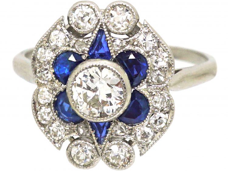 Art Deco Platinum, Sapphire & Diamond Geometric Flower Ring