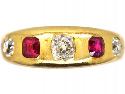 Victorian 18ct Gold, Five Stone Ruby & Diamond Rub Over Set Ring
