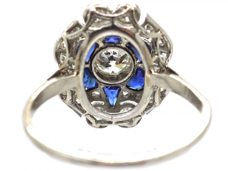 Art Deco Platinum, Sapphire & Diamond Geometric Flower Ring