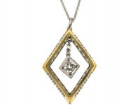 Art Deco 18ct Gold & Platinum, Emerald & Diamond Pendant on Platinum Chain