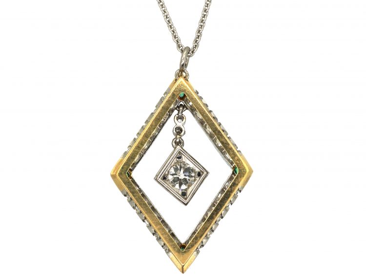 Art Deco 18ct Gold & Platinum, Emerald & Diamond Pendant on Platinum Chain