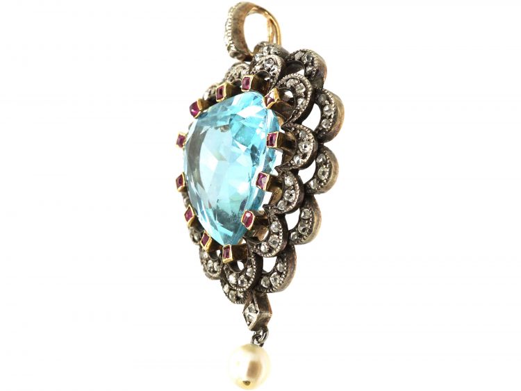 Edwardian Aquamarine, Diamond & Ruby Heart Shaped Pendant