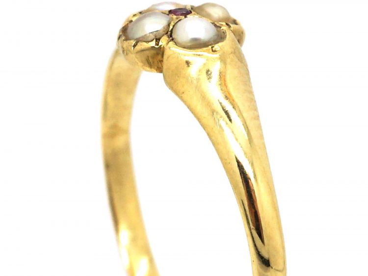 Regency 15ct Gold, Natural Split Pearls & Ruby Flower Ring