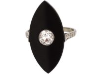 Art Deco Platinum, Onyx & Diamond Marquise Shaped Ring