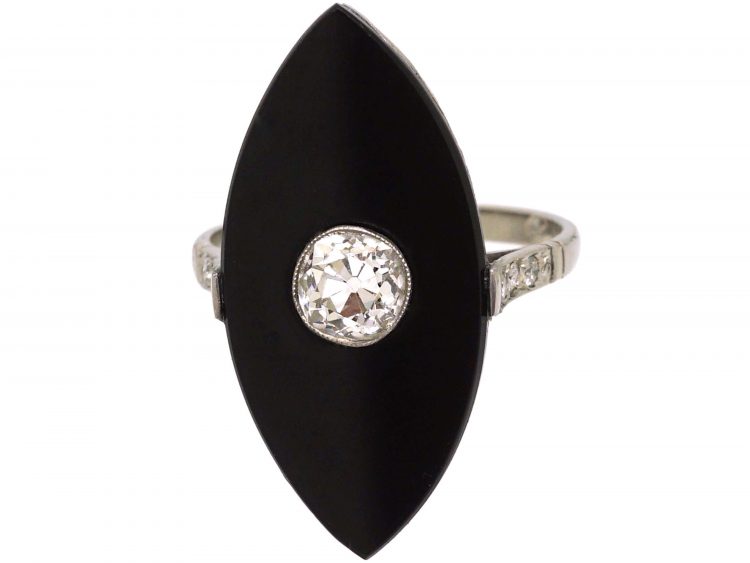 Art Deco Platinum, Onyx & Diamond Marquise Shaped Ring