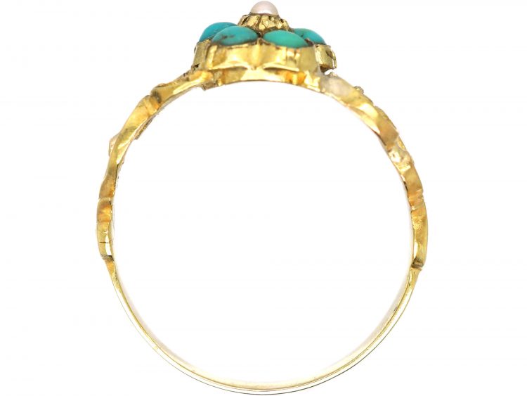 Regency 15ct Gold, Turquoise & Natural Split Pearl Forget Me Not Ring