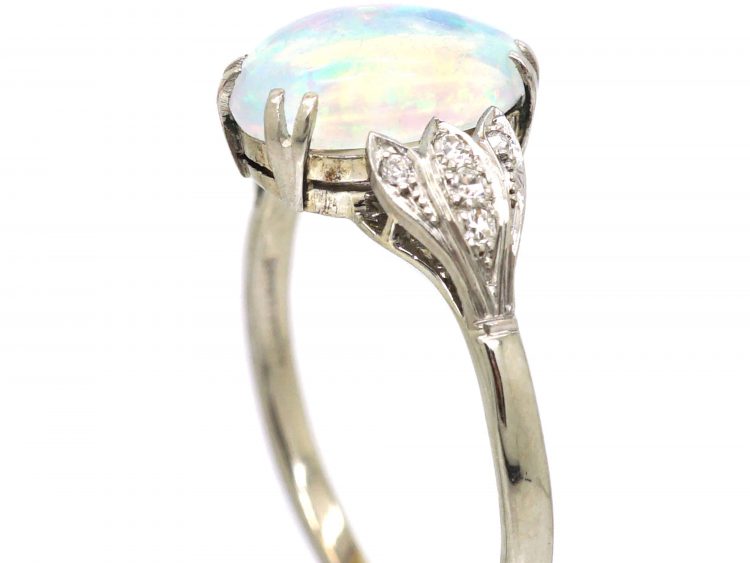 Art Deco 18ct White Gold & Platinum, Water Opal Ring with Diamond set Leaf Shoulders