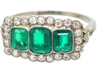 Art Deco Platinum, Three Stone Emerald & Diamond Cluster Ring