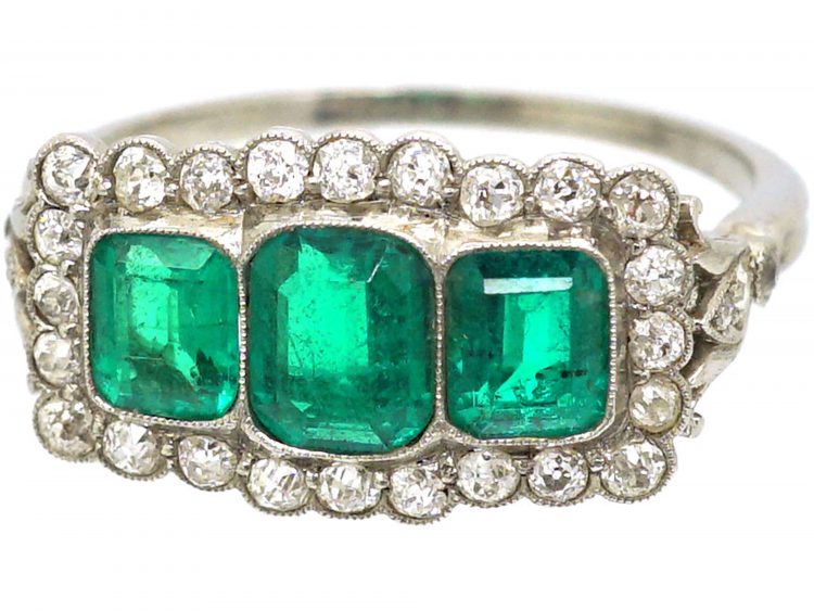 Art Deco Platinum, Three Stone Emerald & Diamond Cluster Ring