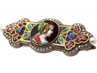19th Century 18ct Gold, Limoges Enamel Brooch of a Lady's Head set with Rose Diamonds & Natural Pearls