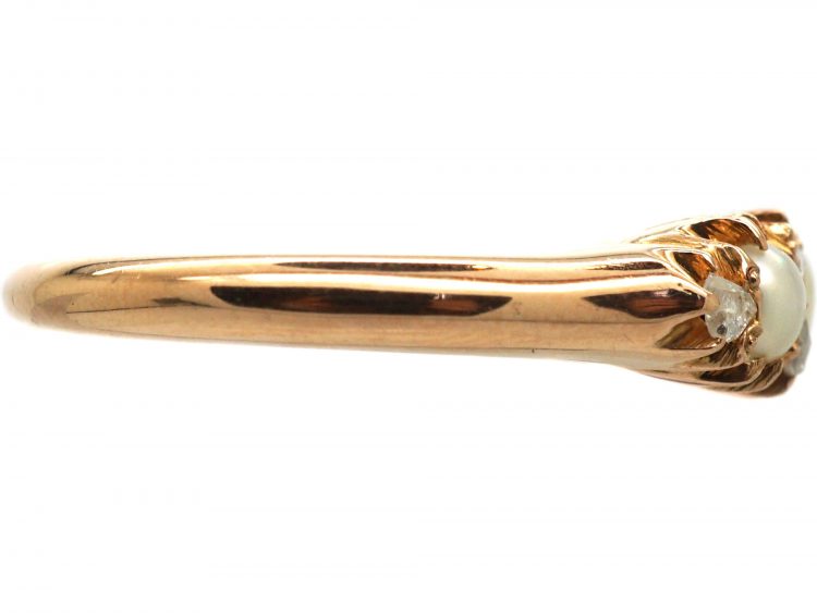 Victorian 18ct Gold Ring set with Three Natural Split Pearls with Rose Diamond Detail