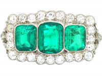 Art Deco Platinum, Three Stone Emerald & Diamond Cluster Ring