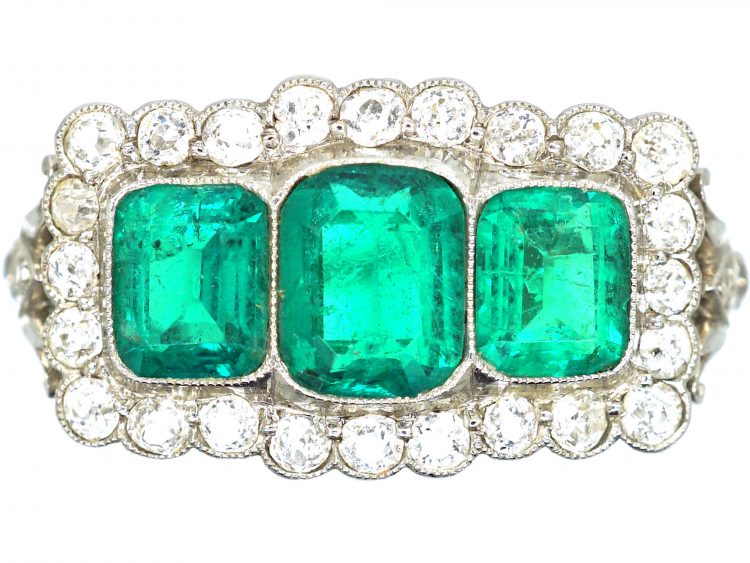 Art Deco Platinum, Three Stone Emerald & Diamond Cluster Ring
