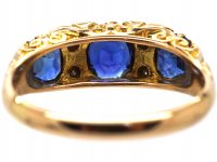Edwardian 18ct Gold, Three Stone Sapphire & Diamond Carved Half Hoop Ring