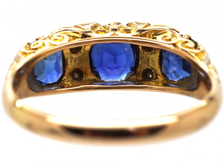 Edwardian 18ct Gold, Three Stone Sapphire & Diamond Carved Half Hoop Ring
