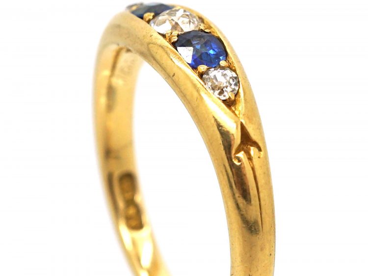 Victorian 18ct Gold Boat Shaped Ring set with Sapphires & Diamonds