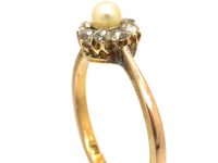Edwardian 9ct Gold, Rose Diamond & Natural Pearl Cluster Ring