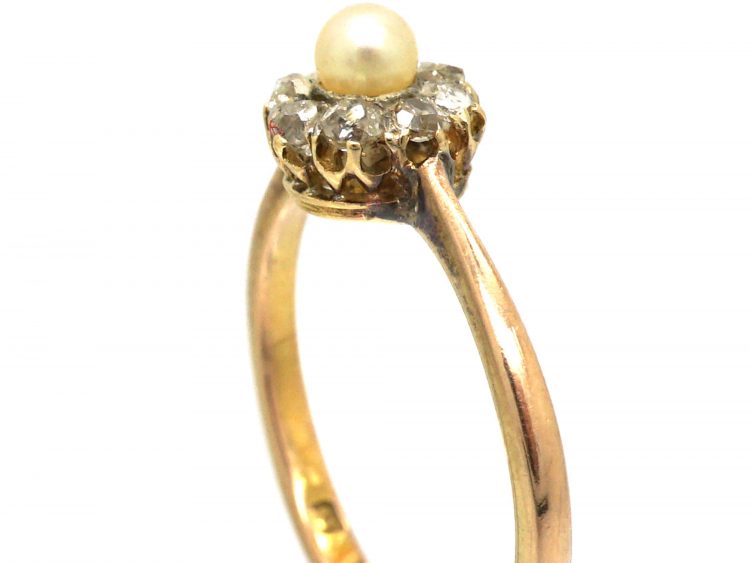 Edwardian 9ct Gold, Rose Diamond & Natural Pearl Cluster Ring