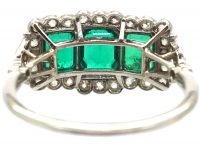 Art Deco Platinum, Three Stone Emerald & Diamond Cluster Ring