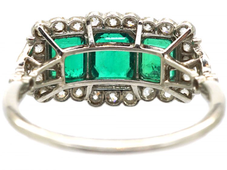 Art Deco Platinum, Three Stone Emerald & Diamond Cluster Ring
