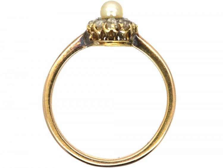 Edwardian 9ct Gold, Rose Diamond & Natural Pearl Cluster Ring