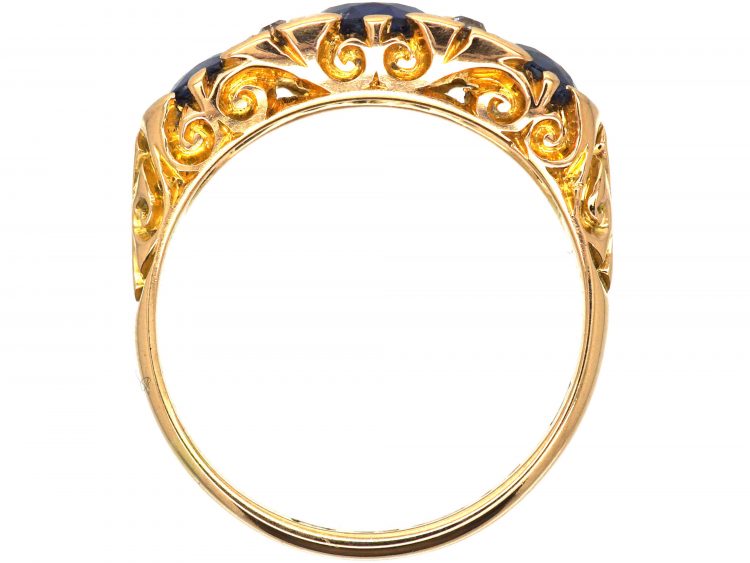 Edwardian 18ct Gold, Three Stone Sapphire & Diamond Carved Half Hoop Ring