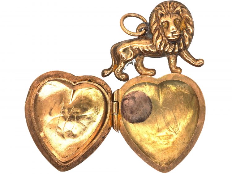 Edwardian 9ct Gold Heart Shaped Locket with Lion Above