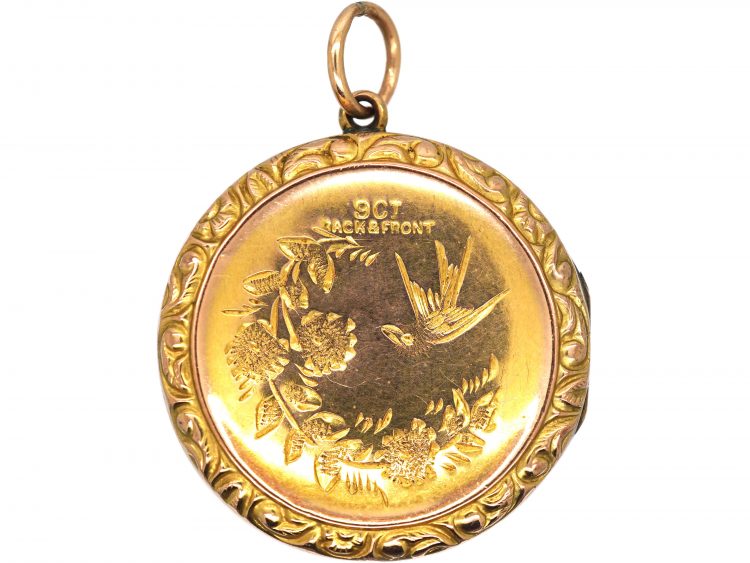 Edwardian 9ct Back & Front Round Locket with Engraved Swallow Motif