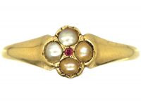 Regency 15ct Gold, Natural Split Pearls & Ruby Flower Ring